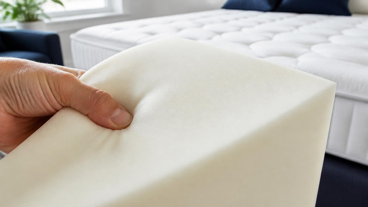 A hand flexing a soft, smooth block of LATECH® Foam