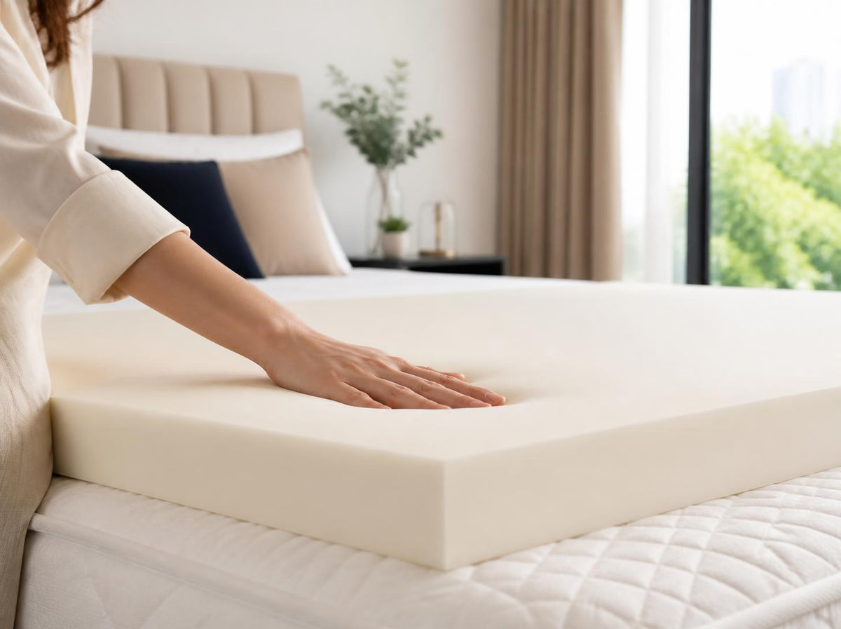 A hand pressing into a smooth LATECH® Foam comfort layer on a mattress