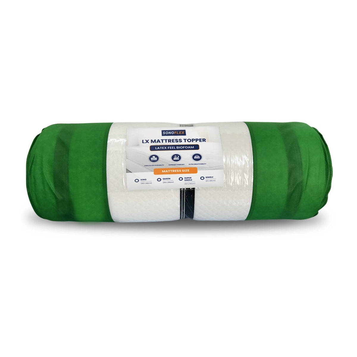 SonoFlex LX 2 inch mattress topper, rolled in its packaging